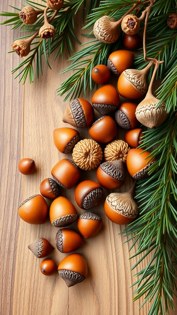 A collection of acorns and pine needles on a wooden surface