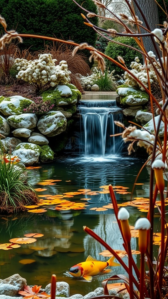 A tranquil garden featuring a waterfall and koi fish in a pond surrounded by greenery and autumn leaves.