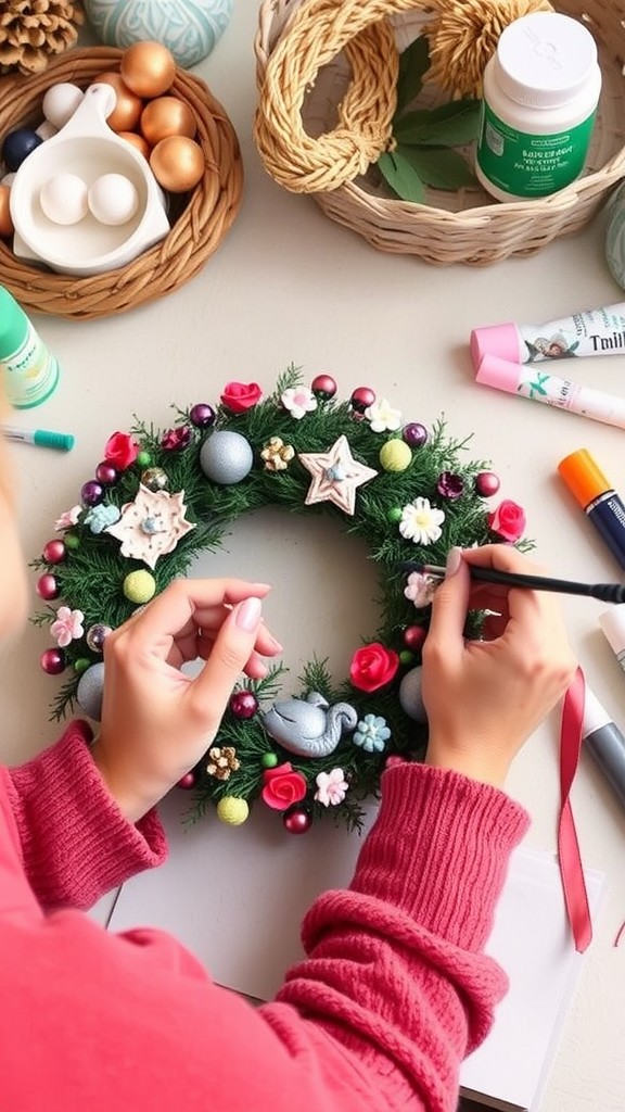 A homemade wreath surrounded by crafting materials, including ornaments, paint, and scissors.