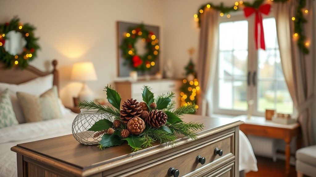 Decorated bedroom with natural holiday decor, including pine cones and greenery on a dresser, along with wreaths and lights.