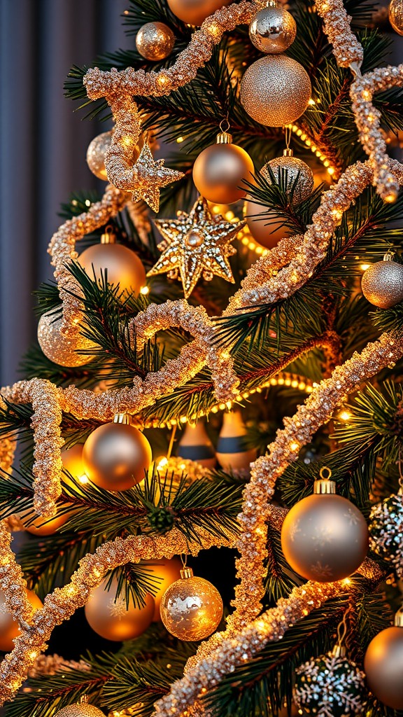 A beautifully decorated Christmas tree with golden ornaments, glittery garlands, and twinkling lights.