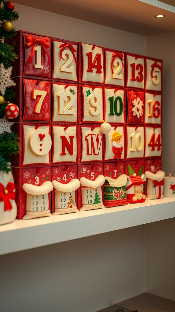 A festive advent calendar with numbered boxes and decorations, showcasing holiday spirit.