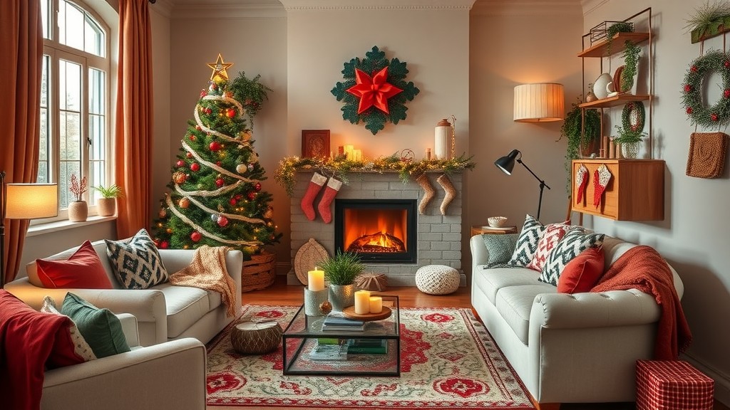 A cozy living room decorated for Christmas with a tree, stockings, and candles.