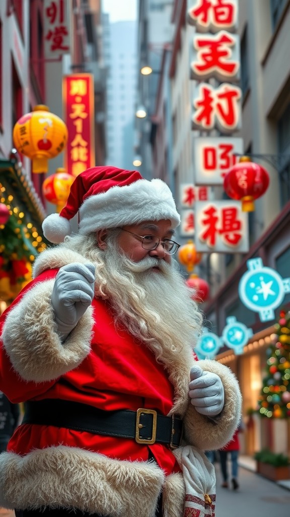 Santa Claus in a festive Asian alley with colorful decorations.