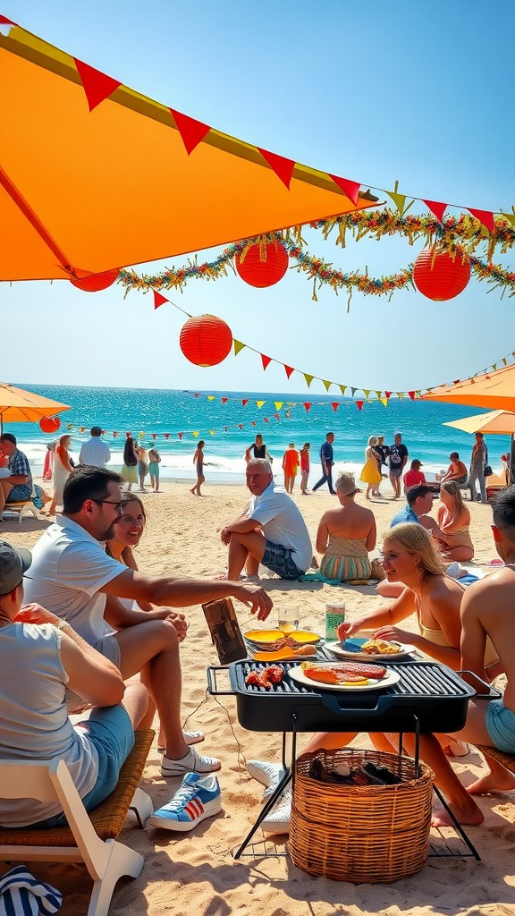 A lively beach barbecue scene with friends enjoying food and drinks under colorful canopies.