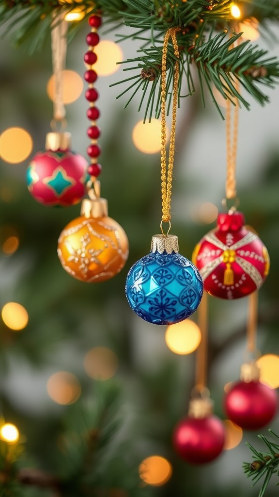 Colorful beaded Christmas tree ornaments hanging on a tree branch with lights