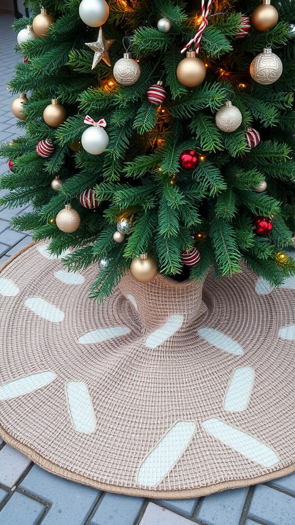 A beautifully decorated Christmas tree with a biodegradable tree skirt featuring cream accents.