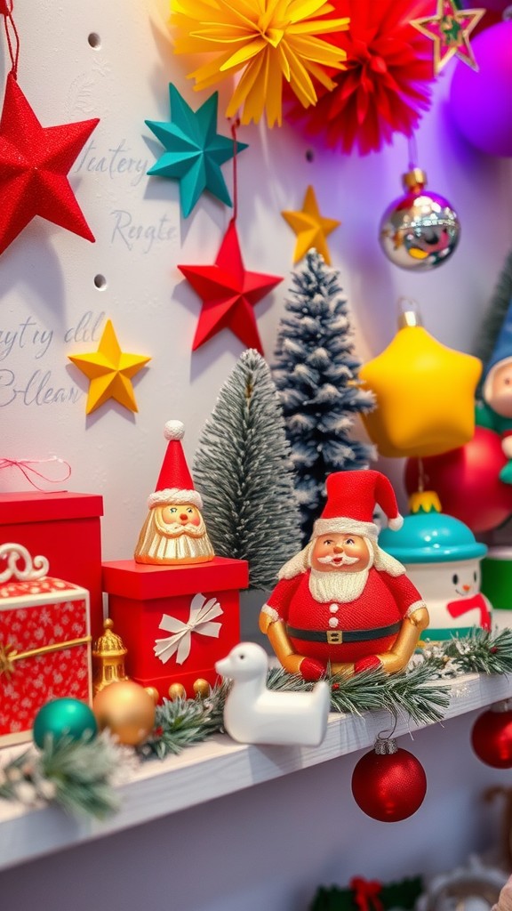 A collection of colorful holiday decorations including stars, Santa figurines, and gift boxes on a shelf.