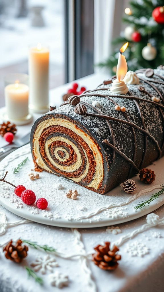 A beautifully decorated Bûche de Noël with a candle on top, surrounded by festive decorations.