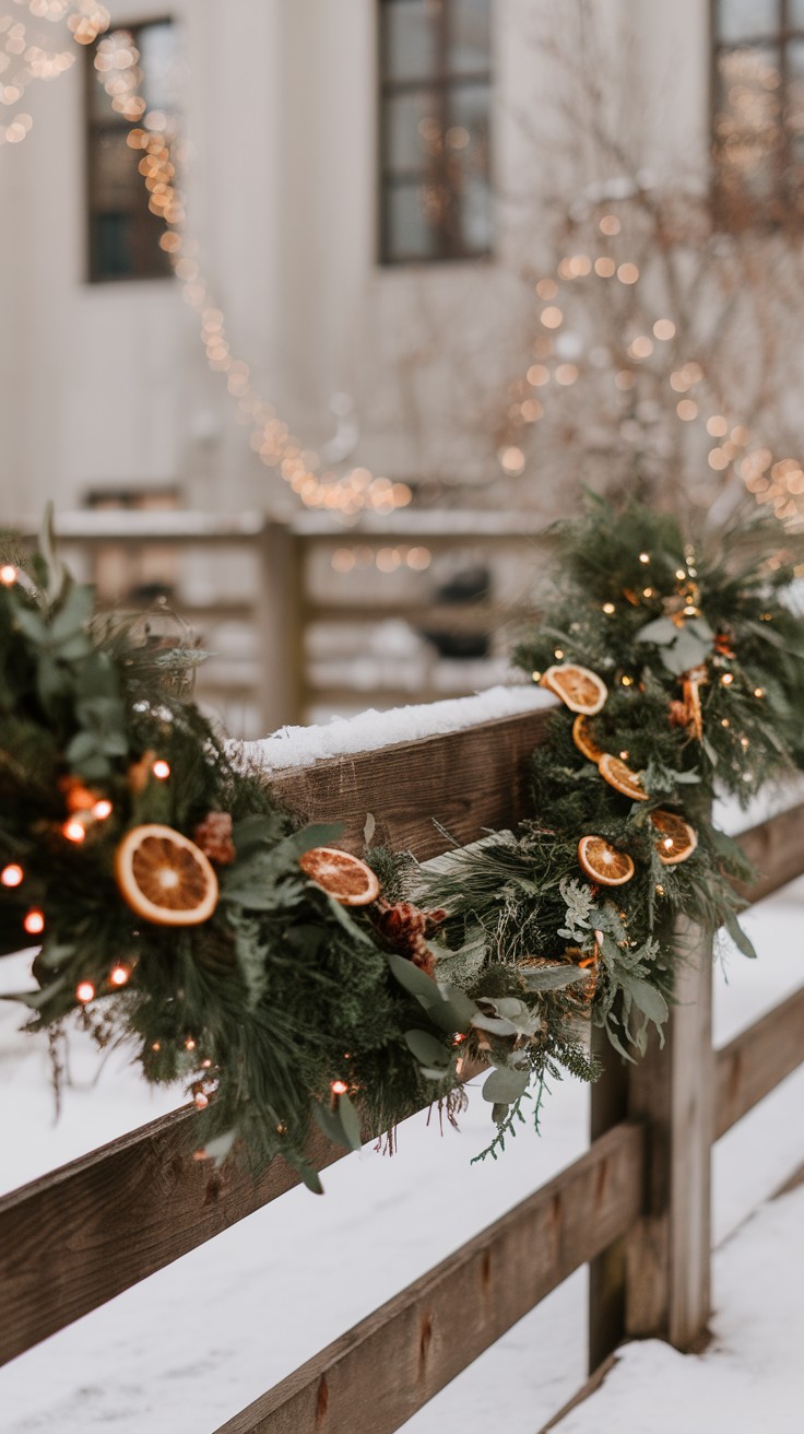 A beautifully crafted garland made from natural elements, featuring evergreen branches, dried orange slices, and soft glowing lights, hanging on a wooden fence in a snowy setting.