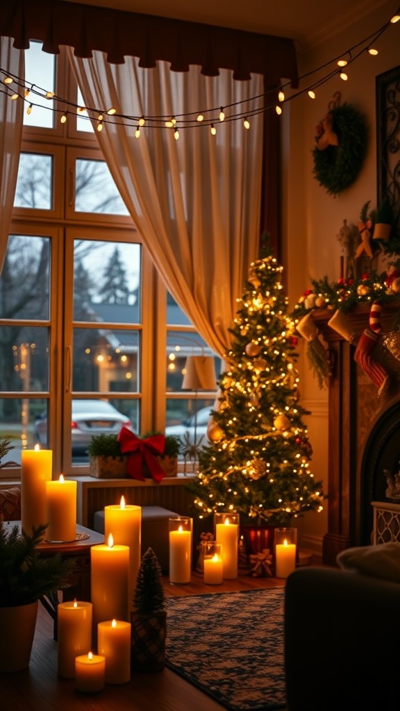 A cozy living room decorated with candles, fairy lights, and a Christmas tree