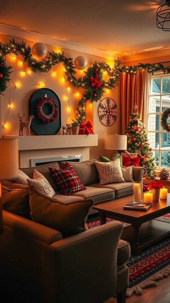 A cozy living room decorated with warm lighting, wreaths, and a Christmas tree.