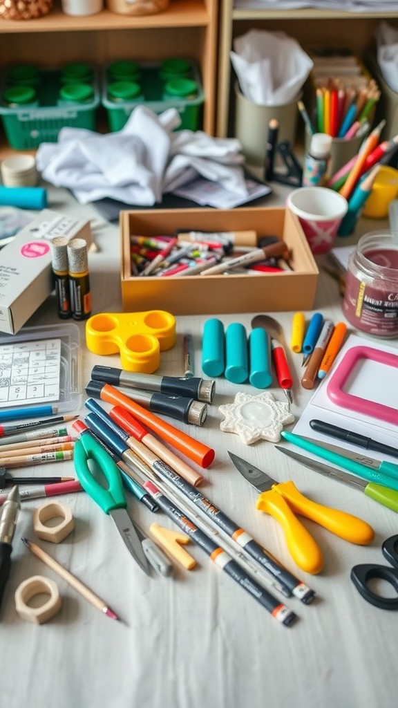 An organized table filled with colorful crafting tools and supplies, including markers, scissors, and decorative items.