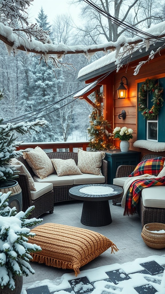 Cozy outdoor seating area with snow, featuring soft cushions, a round table, and festive decorations.