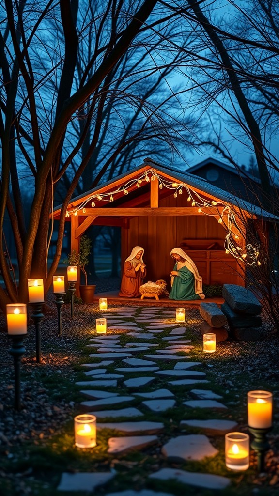 A candlelit pathway leading to a nativity scene with Mary, Joseph, and a lamb, surrounded by trees and soft lighting.