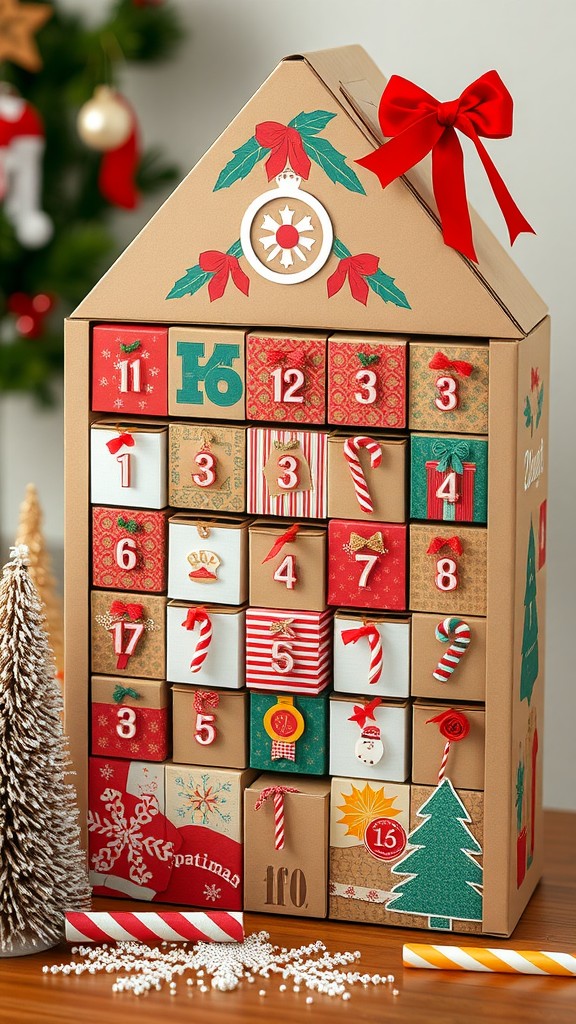 A festive advent calendar made from decorated cardboard boxes, designed like a house with numbers and festive motifs.