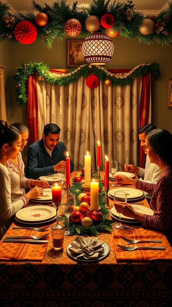 A festive Nochebuena dinner setting with candles, decorations, and family gathered around the table.