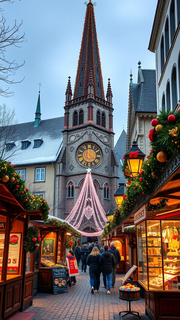 A festive scene from the Basel Christmas Market, featuring a decorated clock tower and bustling stalls.