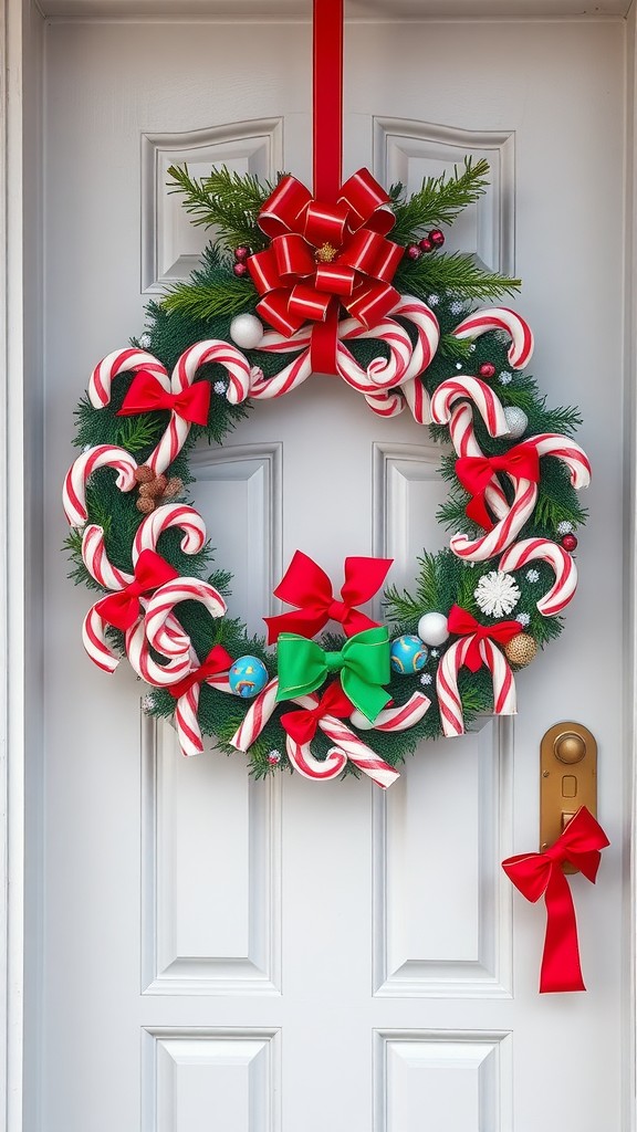 A colorful wreath made with candy canes and peppermint decorations, featuring a big red bow and ornaments, hanging on a white door.