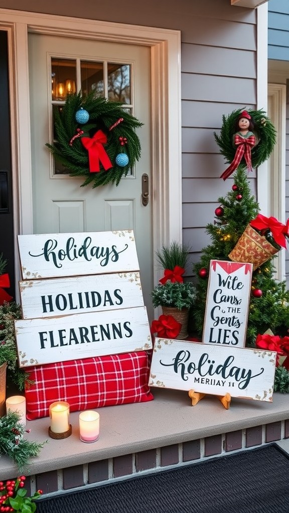 Charming DIY Christmas signs on a porch with festive decorations and wreaths.