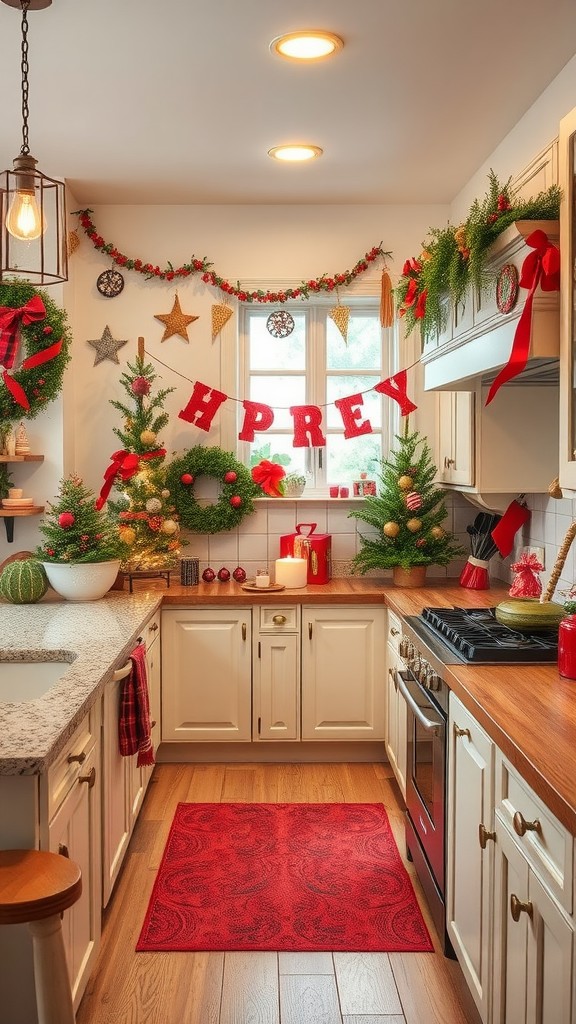 A cozy kitchen decorated for the holidays with a red 'MERRY' banner and festive ornaments.