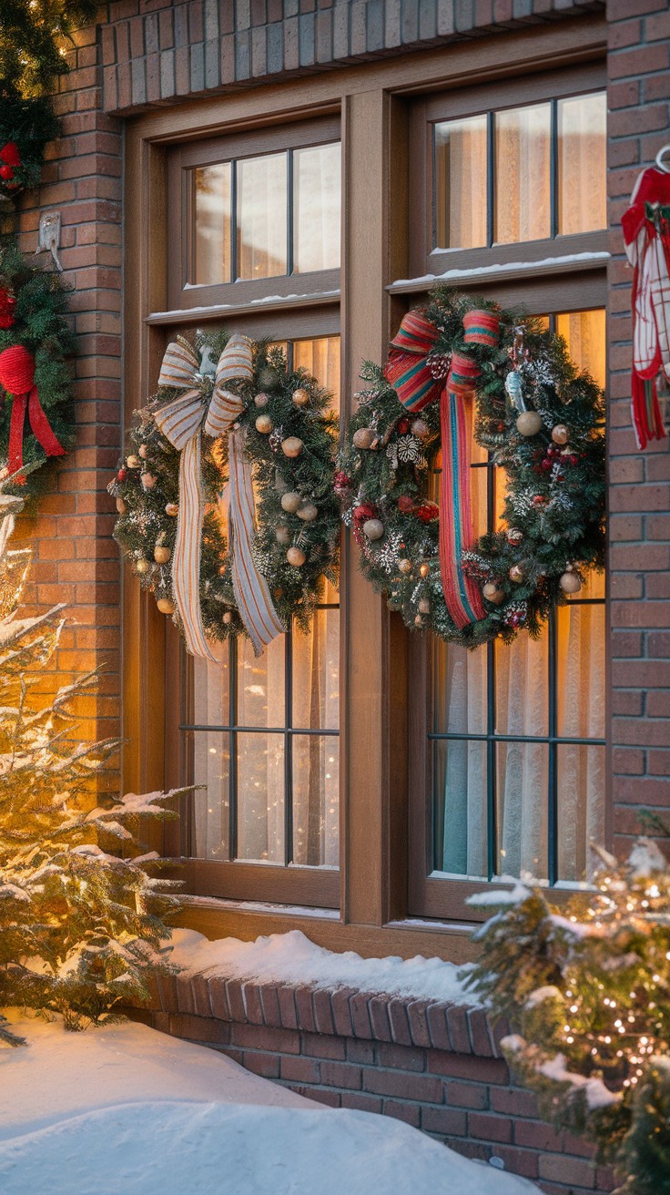 Two holiday wreaths on wooden window frames, decorated with ribbons and ornaments, with a snowy scene outside.