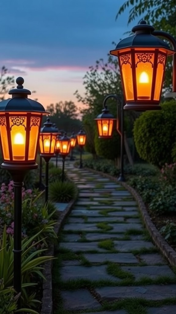 A picturesque walkway lined with glowing orange lanterns at dusk, surrounded by greenery and flowers.