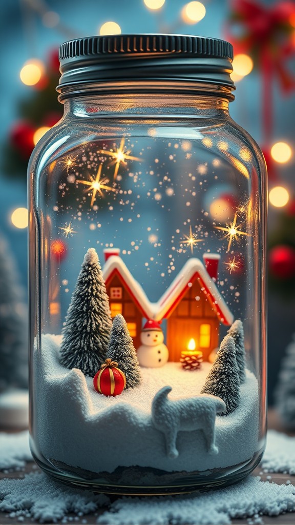 A mason jar snowglobe featuring a cozy house, snowman, and festive elements inside a beautifully snowy scene.