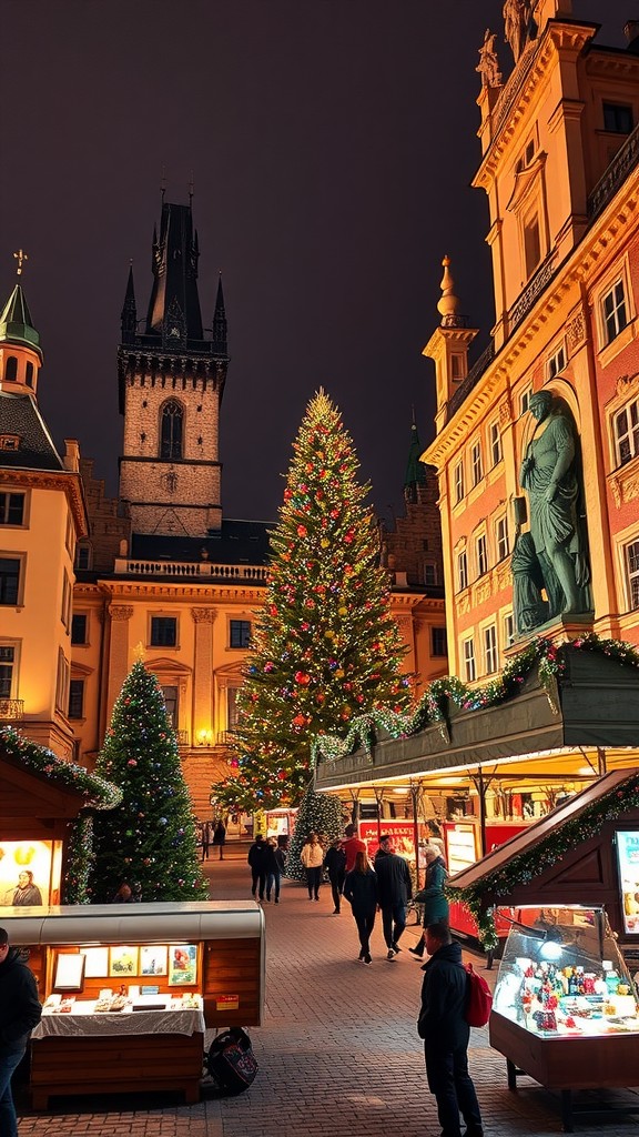 Night scene at the Old Town Market in Prague with a tall Christmas tree and market stalls.