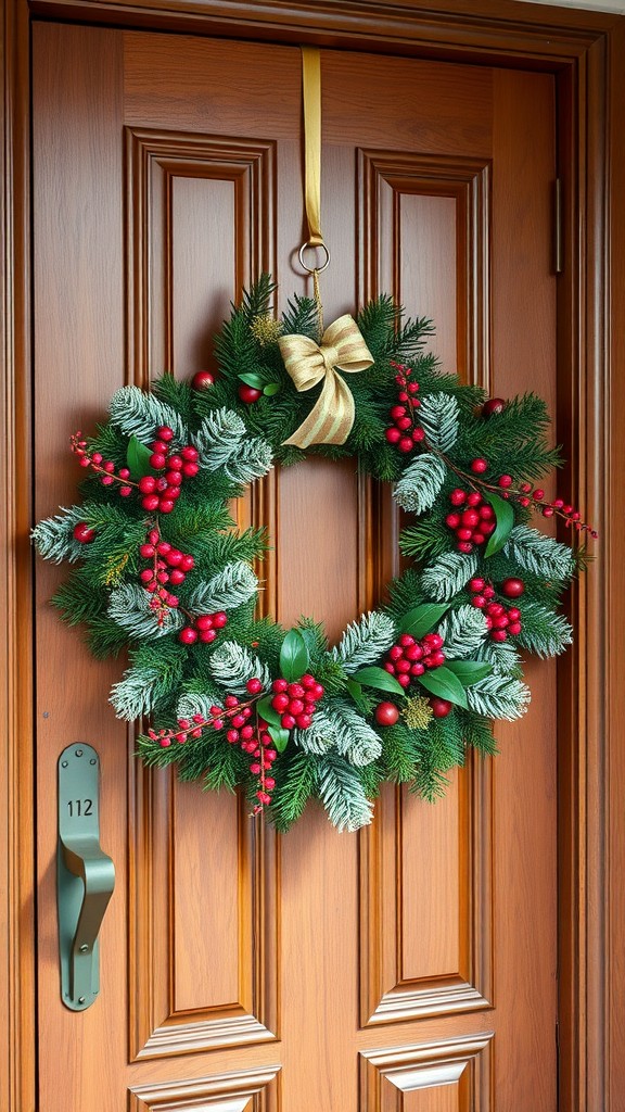 A seasonal door wreath adorned with red berries and a golden bow hanging on a wooden door.