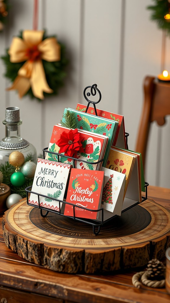 A tabletop card stand displaying Christmas cards on a wooden surface