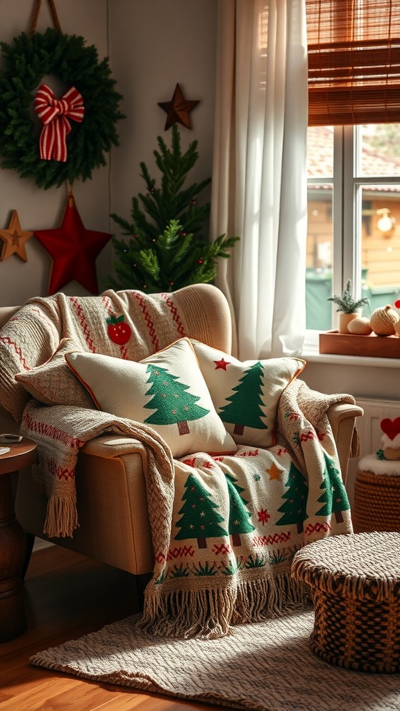 A cozy living room with festive textiles, including a chair covered in a Christmas tree-patterned blanket and pillows, surrounded by holiday decorations.