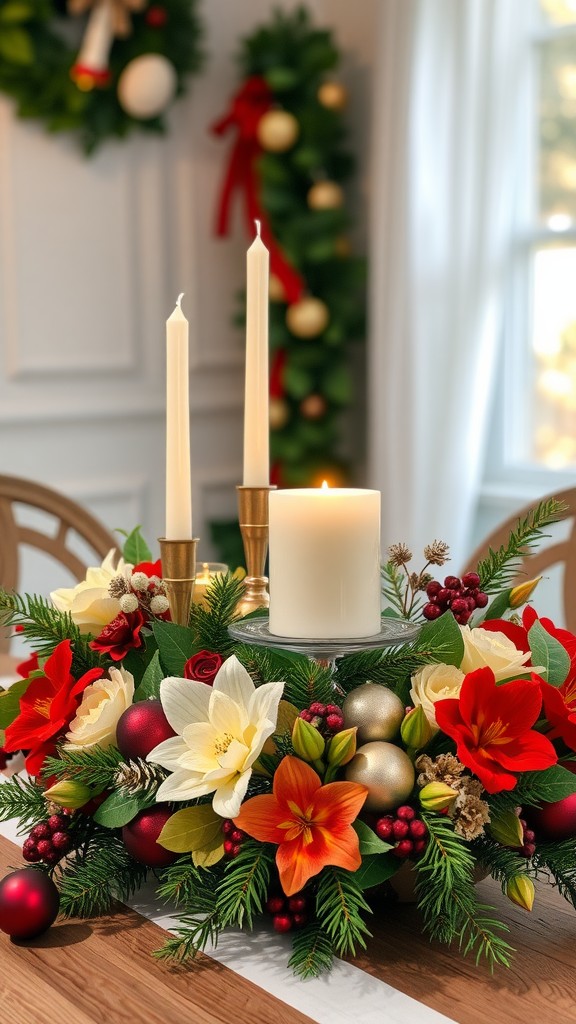 A cheerful table centerpiece featuring vibrant flowers, candles, and festive decorations.