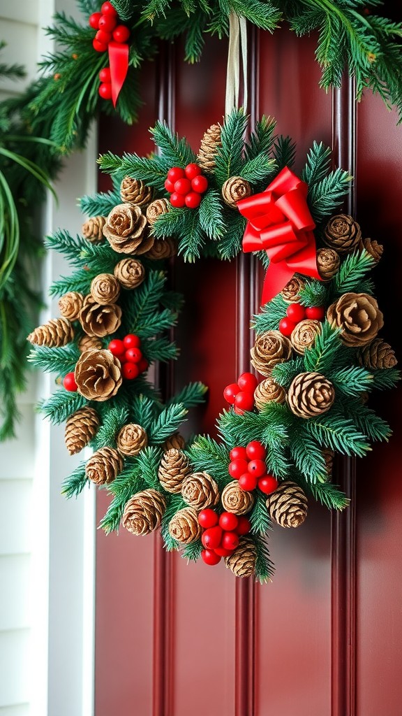 A winter wreath featuring pinecones, red berries, and a red bow, hanging on a door.