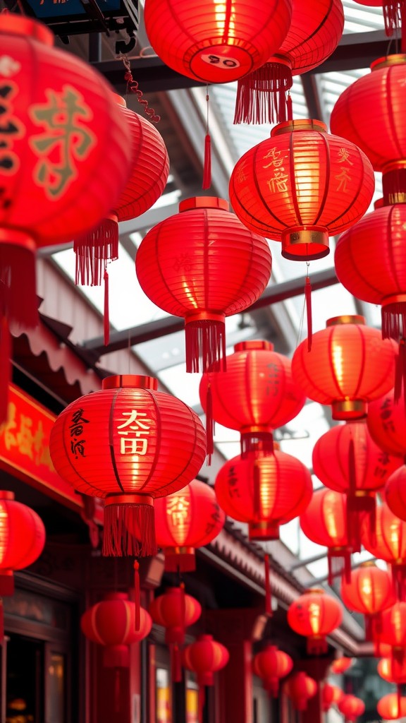 A vibrant display of red Chinese lanterns hanging in a festive setting.