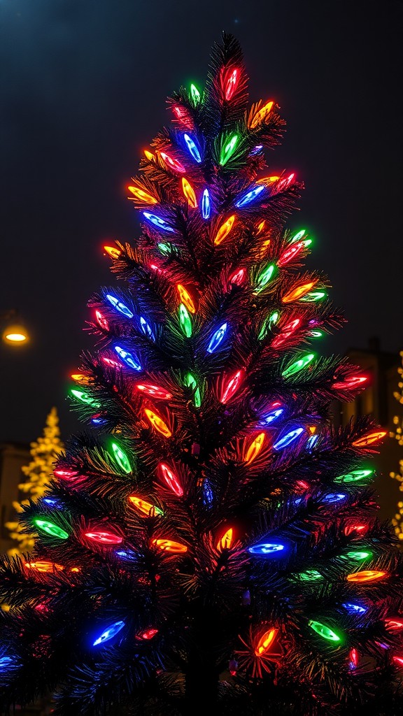 A brightly lit Christmas tree with multi-colored lights in a dark setting.