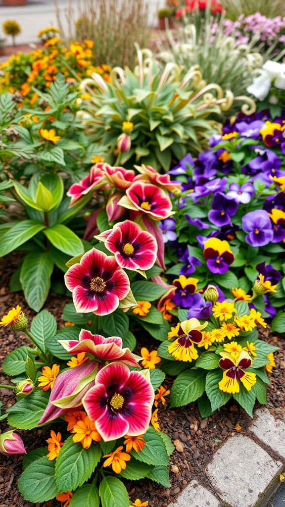 A colorful winter garden featuring red, yellow, and purple flowers among green foliage.