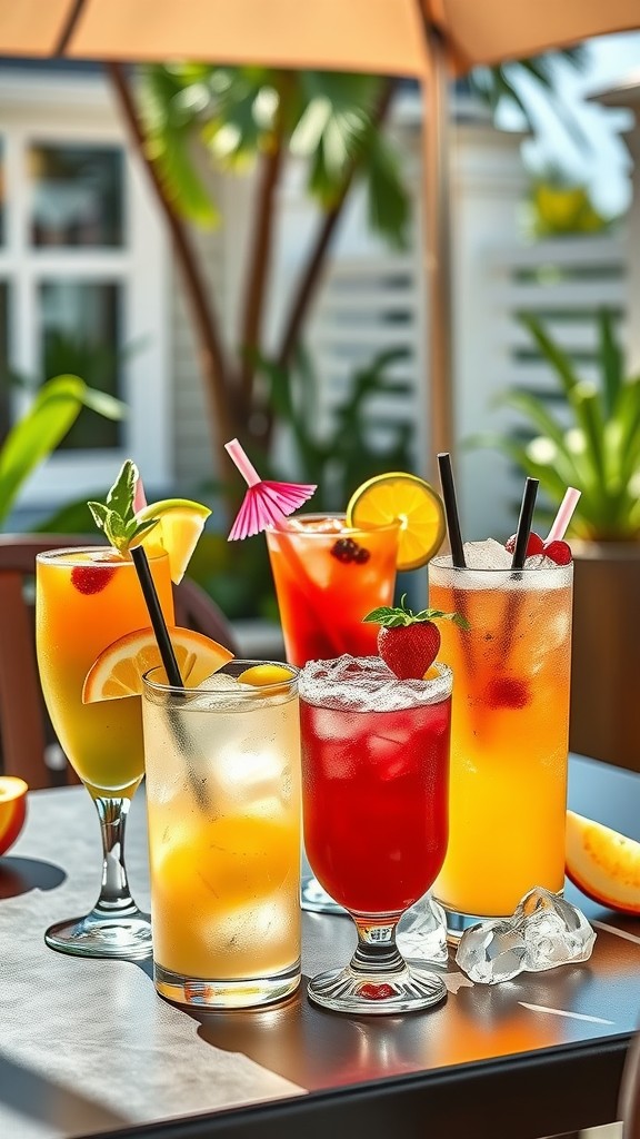 A variety of colorful cocktails placed on a table, featuring fresh fruits and garnishes, perfect for a festive celebration.