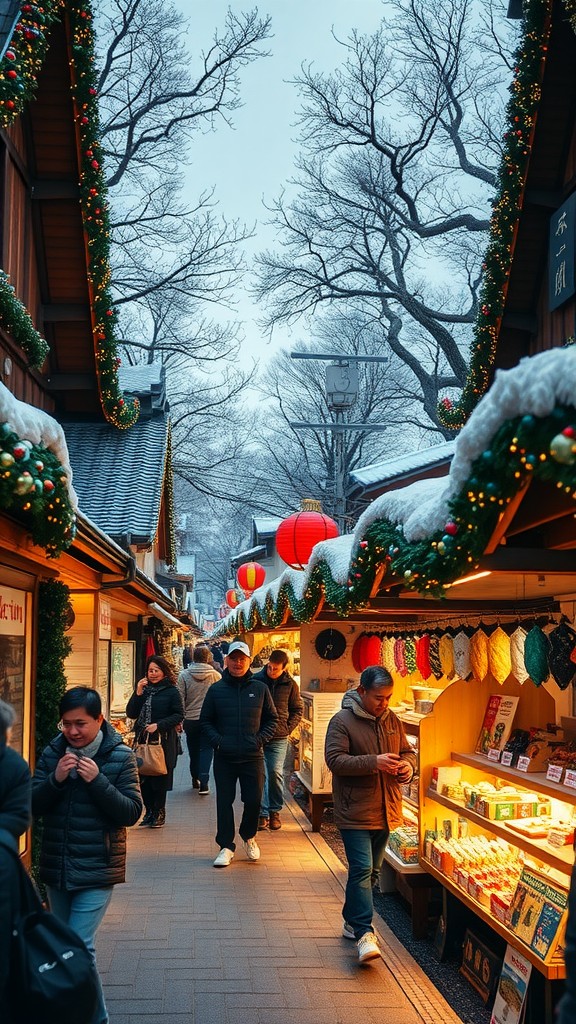 A snowy Christmas market with festive stalls and people shopping.