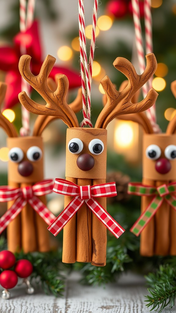 Cinnamon stick reindeer ornaments with googly eyes and colorful ribbons