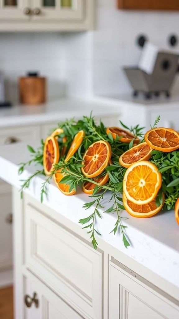 A vibrant garland made of orange slices and fresh green herbs displayed on a marble countertop.