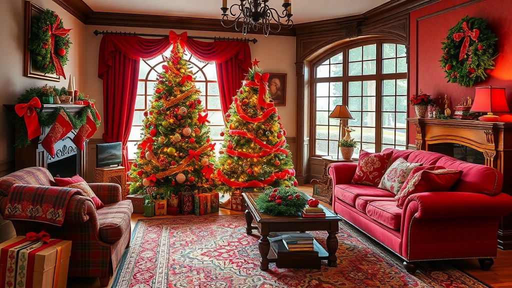 A cozy living room decorated with red and green colors for Christmas, featuring two Christmas trees, stockings, and festive ornaments.