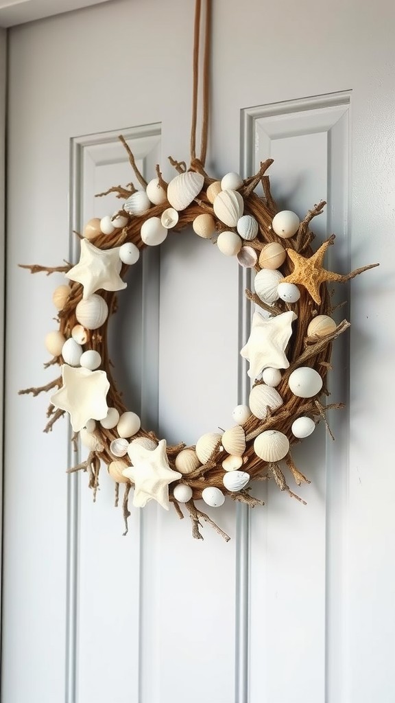 Coastal-themed wreath made of seashells and natural materials