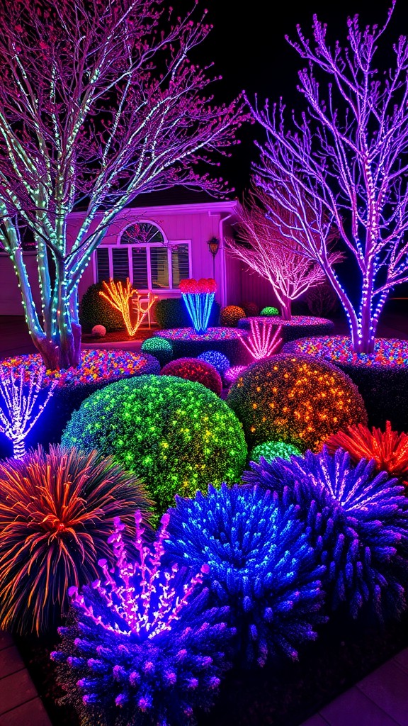 A colorful display of light fixtures illuminating trees and bushes at night.