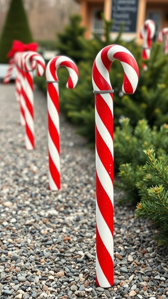 Colorful candy cane decorations lining a pathway surrounded by greenery.