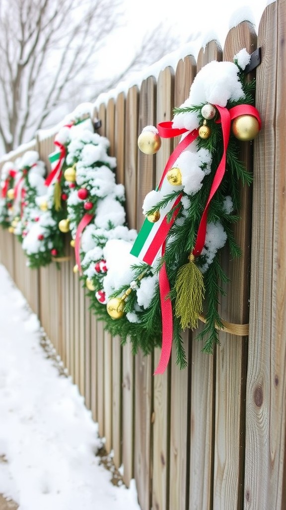 Colorful holiday garlands made from greenery, ribbons, and decorations hanging on a snowy wooden fence.