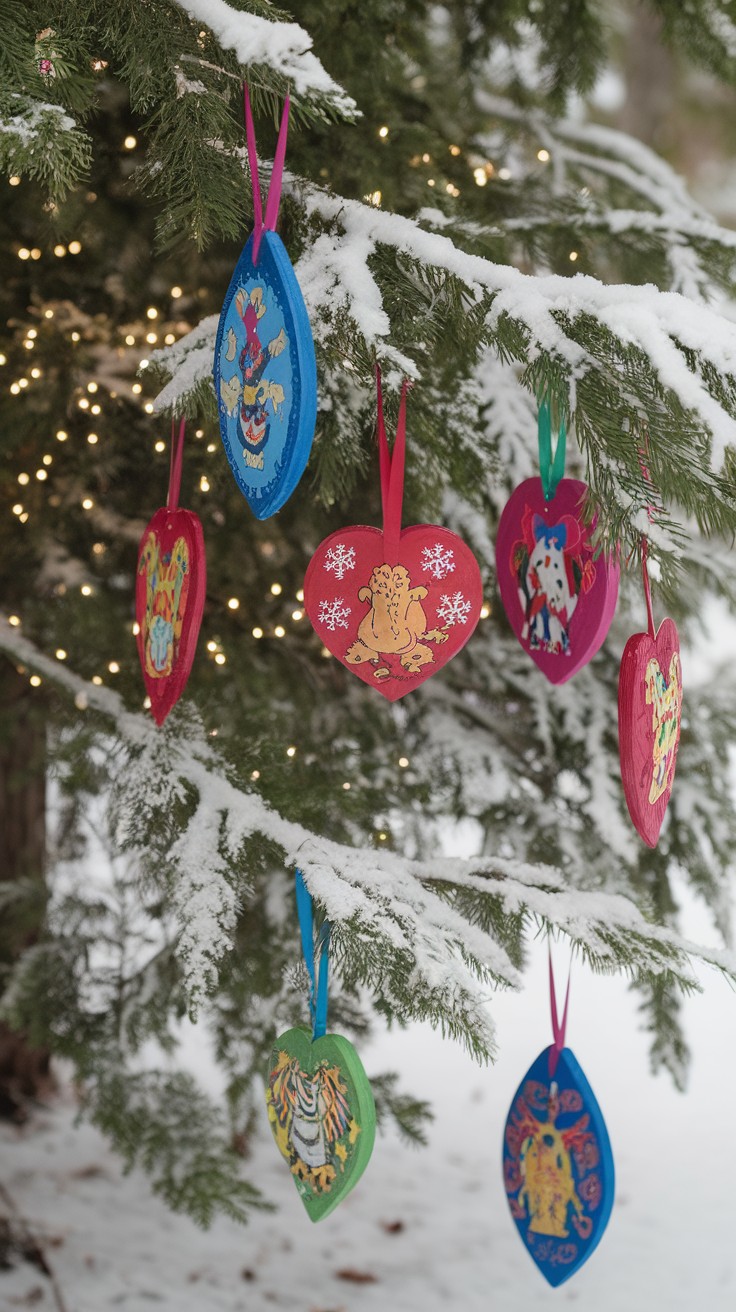 Colorful handmade ornaments hanging from a snow-covered tree.