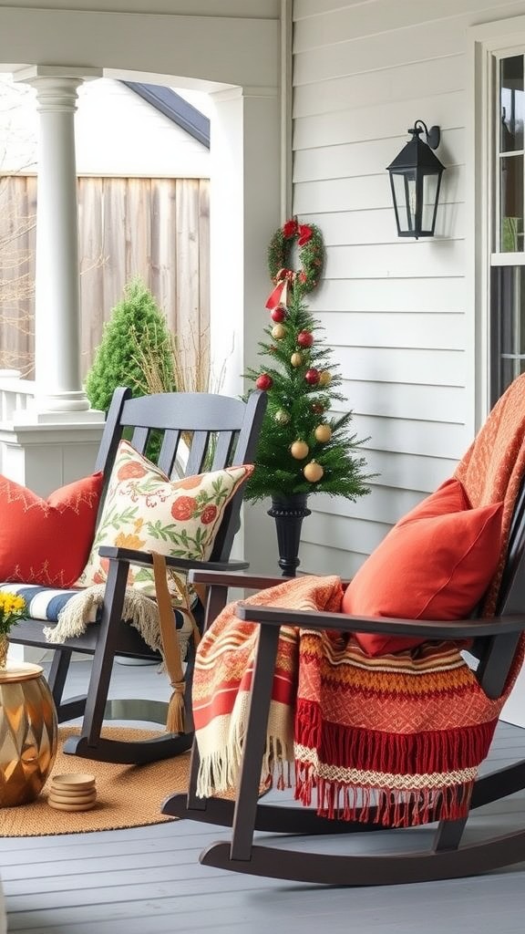 A cozy outdoor setting with colorful pillows and throws on rocking chairs, featuring a small decorated Christmas tree.