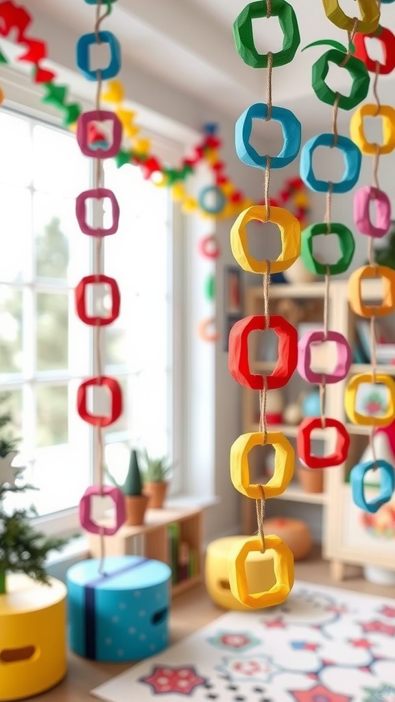 Colorful paper chain garland hanging in a bright room with playful decor.