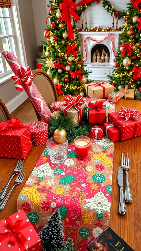 A festive dining table decorated with colorful wrapping paper as a table runner, surrounded by presents and holiday decorations.